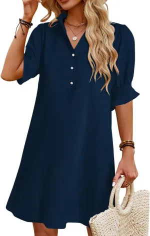 Womens Summer Shirt Dress 2025 Casual Ruffle Short Sleeve Button Down Flowy Swing Shift Mini Dresses with Pockets