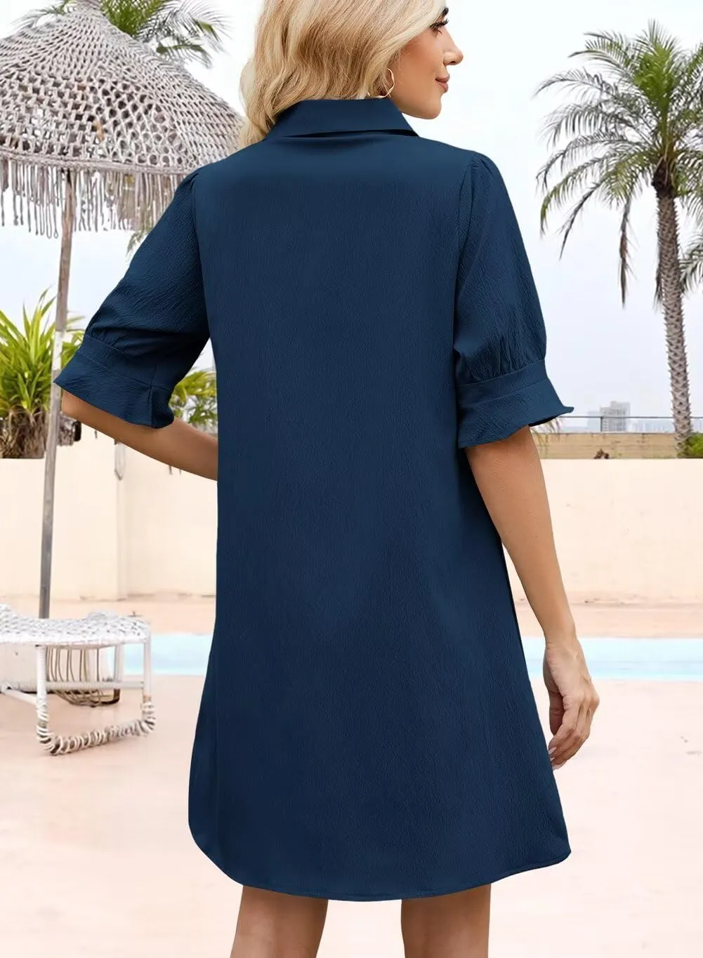Womens Summer Shirt Dress 2025 Casual Ruffle Short Sleeve Button Down Flowy Swing Shift Mini Dresses with Pockets