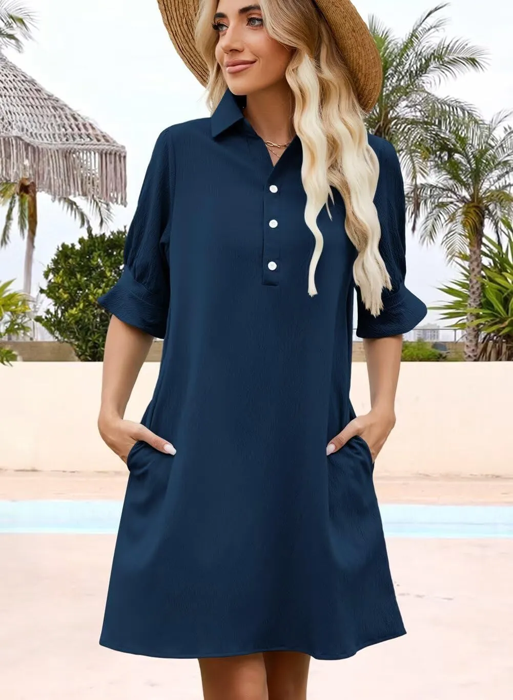 Womens Summer Shirt Dress 2025 Casual Ruffle Short Sleeve Button Down Flowy Swing Shift Mini Dresses with Pockets