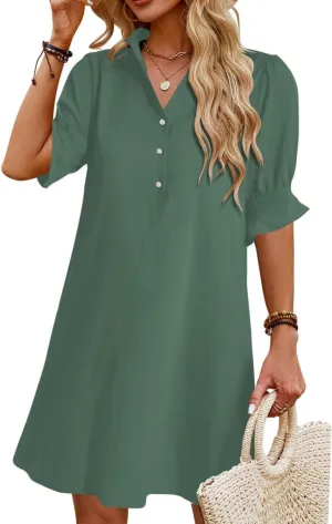 Womens Summer Shirt Dress 2025 Casual Ruffle Short Sleeve Button Down Flowy Swing Shift Mini Dresses with Pockets