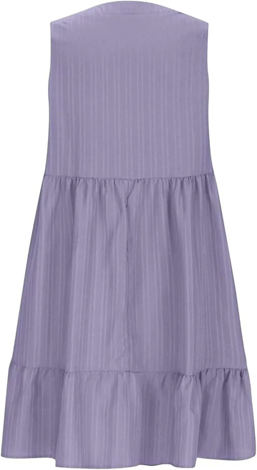Womens Summer Sleeveless V-Neck Dresses Flowy Boho Beach Sundress Casual Swing Mini Dress with Ruffle Hem for Vacations