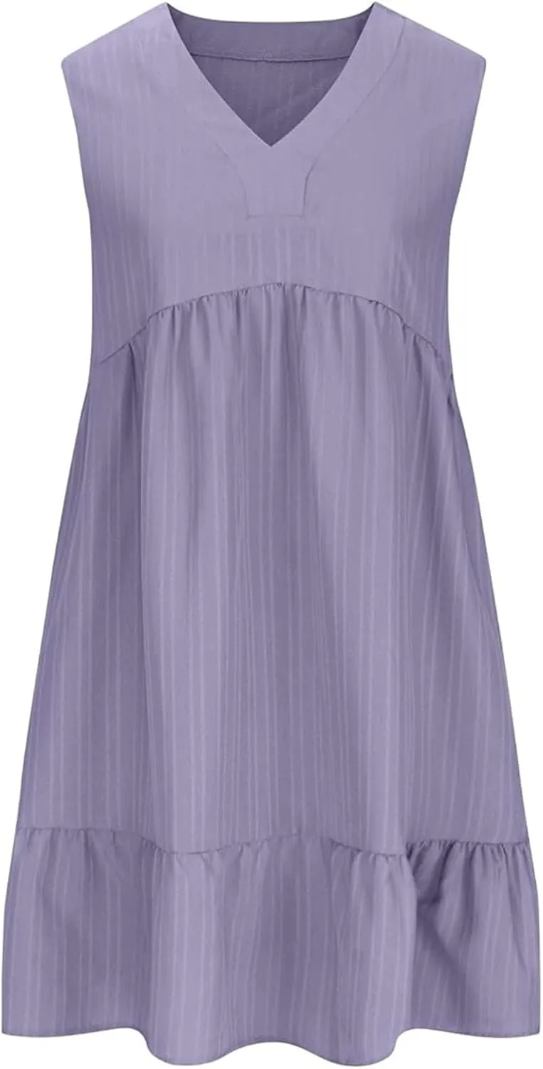 Womens Summer Sleeveless V-Neck Dresses Flowy Boho Beach Sundress Casual Swing Mini Dress with Ruffle Hem for Vacations