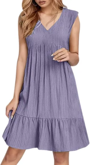 Womens Summer Sleeveless V-Neck Dresses Flowy Boho Beach Sundress Casual Swing Mini Dress with Ruffle Hem for Vacations