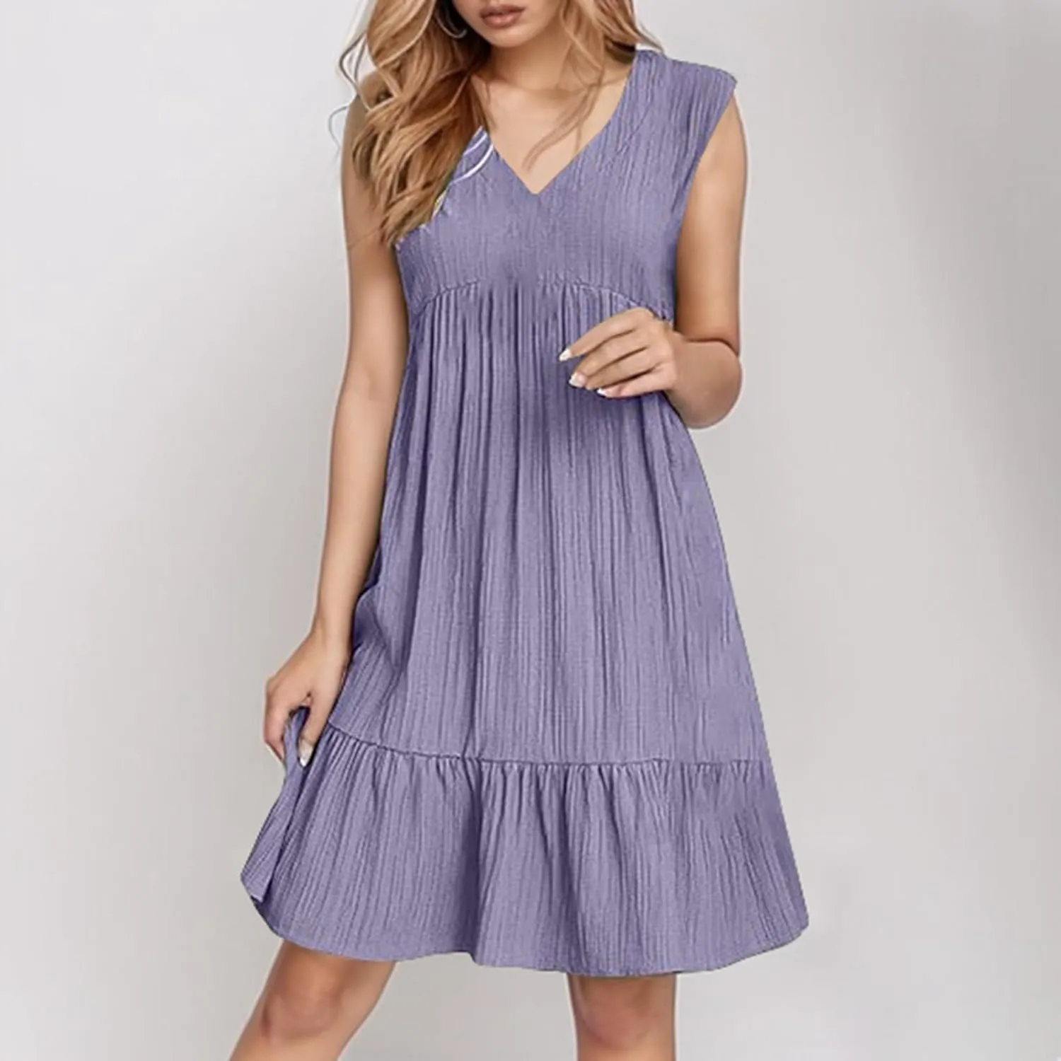 Womens Summer Sleeveless V-Neck Dresses Flowy Boho Beach Sundress Casual Swing Mini Dress with Ruffle Hem for Vacations