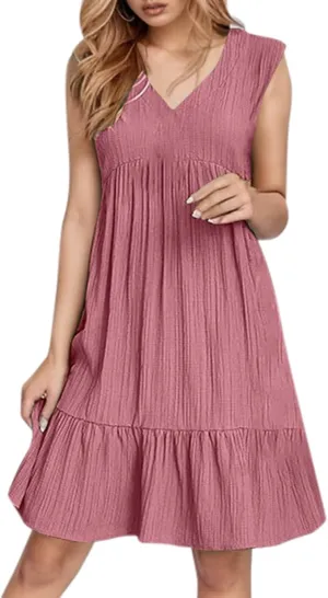 Womens Summer Sleeveless V-Neck Dresses Flowy Boho Beach Sundress Casual Swing Mini Dress with Ruffle Hem for Vacations