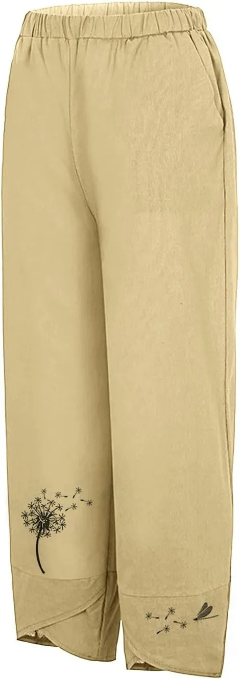 Womens Summer Wide Leg Linen Cropped Pant Dandelions Graphic Tulip Hem Trousers Lightweight Loose Fit Outfits with Pockets