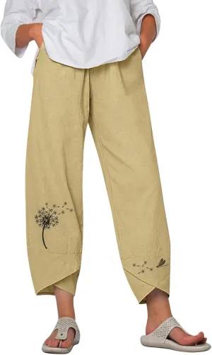 Womens Summer Wide Leg Linen Cropped Pant Dandelions Graphic Tulip Hem Trousers Lightweight Loose Fit Outfits with Pockets
