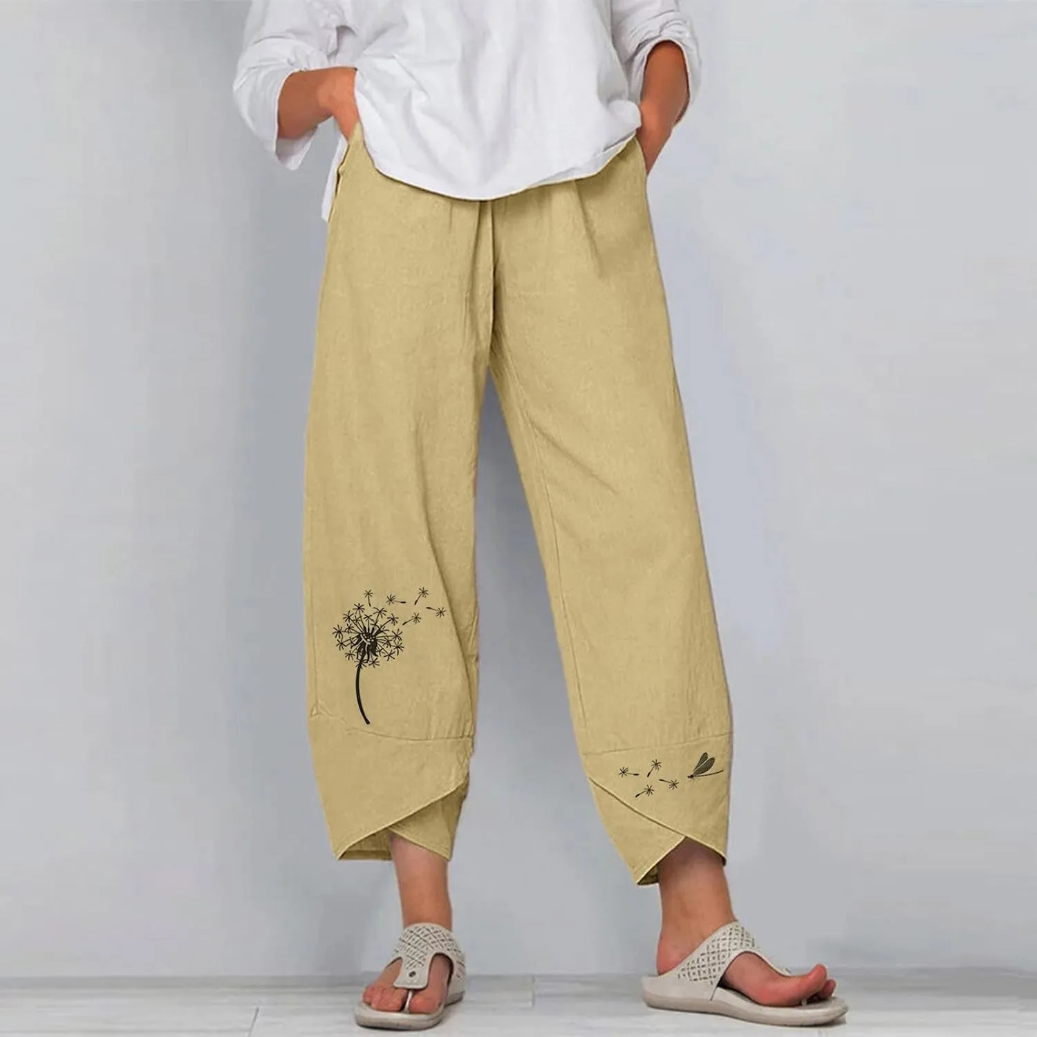 Womens Summer Wide Leg Linen Cropped Pant Dandelions Graphic Tulip Hem Trousers Lightweight Loose Fit Outfits with Pockets