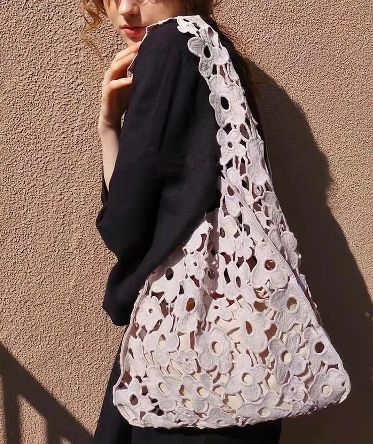 Women's Tote Bag, Hollow Out Beach Tote Bag Cute Aesthetic Hobo Bag Flower Pattern Shoulder Bag Beach Bag for Women