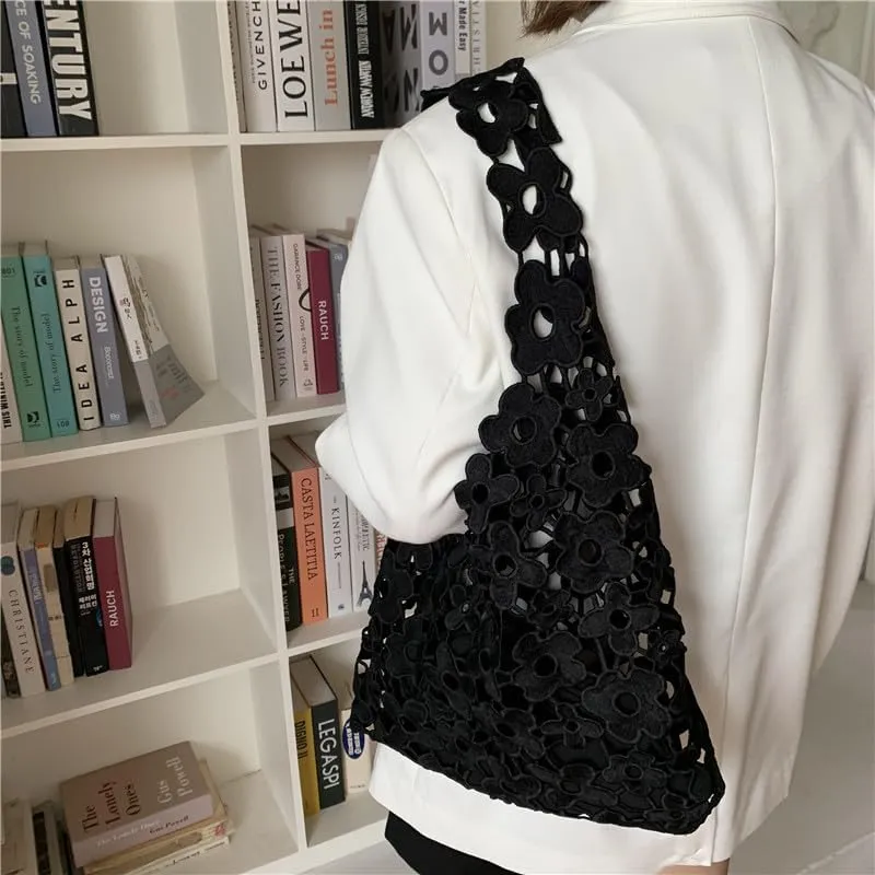 Women's Tote Bag, Hollow Out Beach Tote Bag Cute Aesthetic Hobo Bag Flower Pattern Shoulder Bag Beach Bag for Women