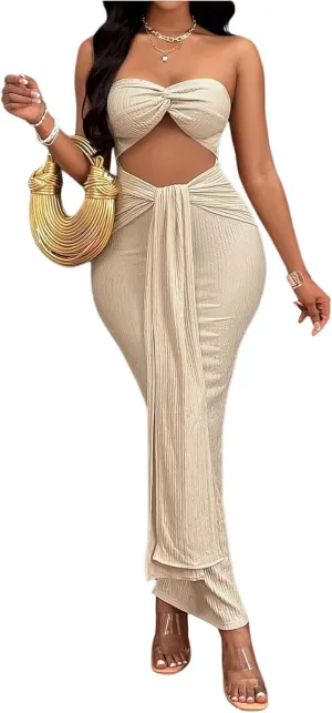 Women's Twist Front Cut Out Bodycon Maxi Dress Sleeveless Strapless Slit Long Dresses