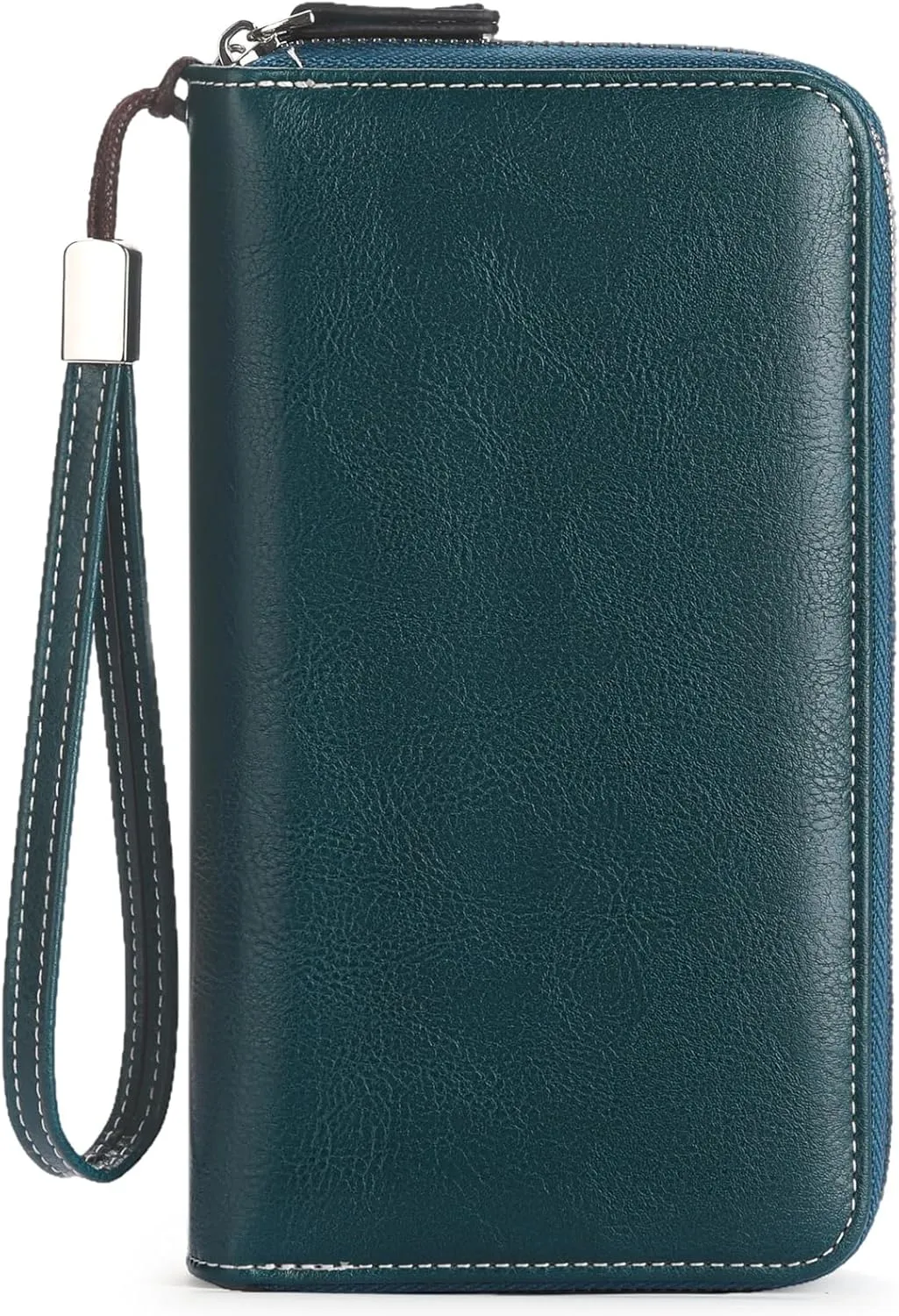 Womens Wallet Leather Bifold RFID Blocking Credit Card Case with Double Zipper Pockets and Wristlet Strap