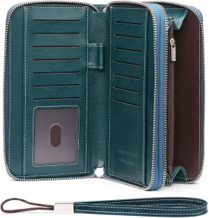 Womens Wallet Leather Bifold RFID Blocking Credit Card Case with Double Zipper Pockets and Wristlet Strap