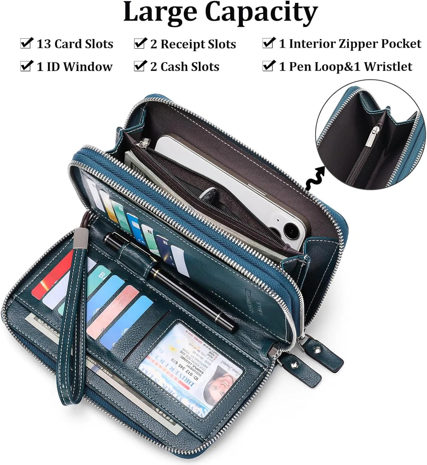 Womens Wallet Leather Bifold RFID Blocking Credit Card Case with Double Zipper Pockets and Wristlet Strap
