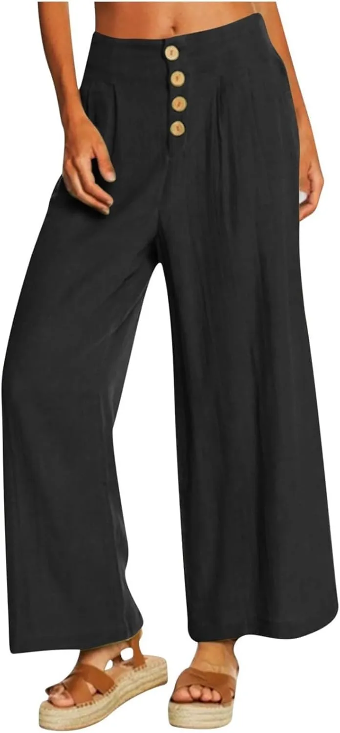 Women's Wide Leg Casual Pants Summer High Waisted Cotton Linen Palazzo Trousers Long Pants with Pocket