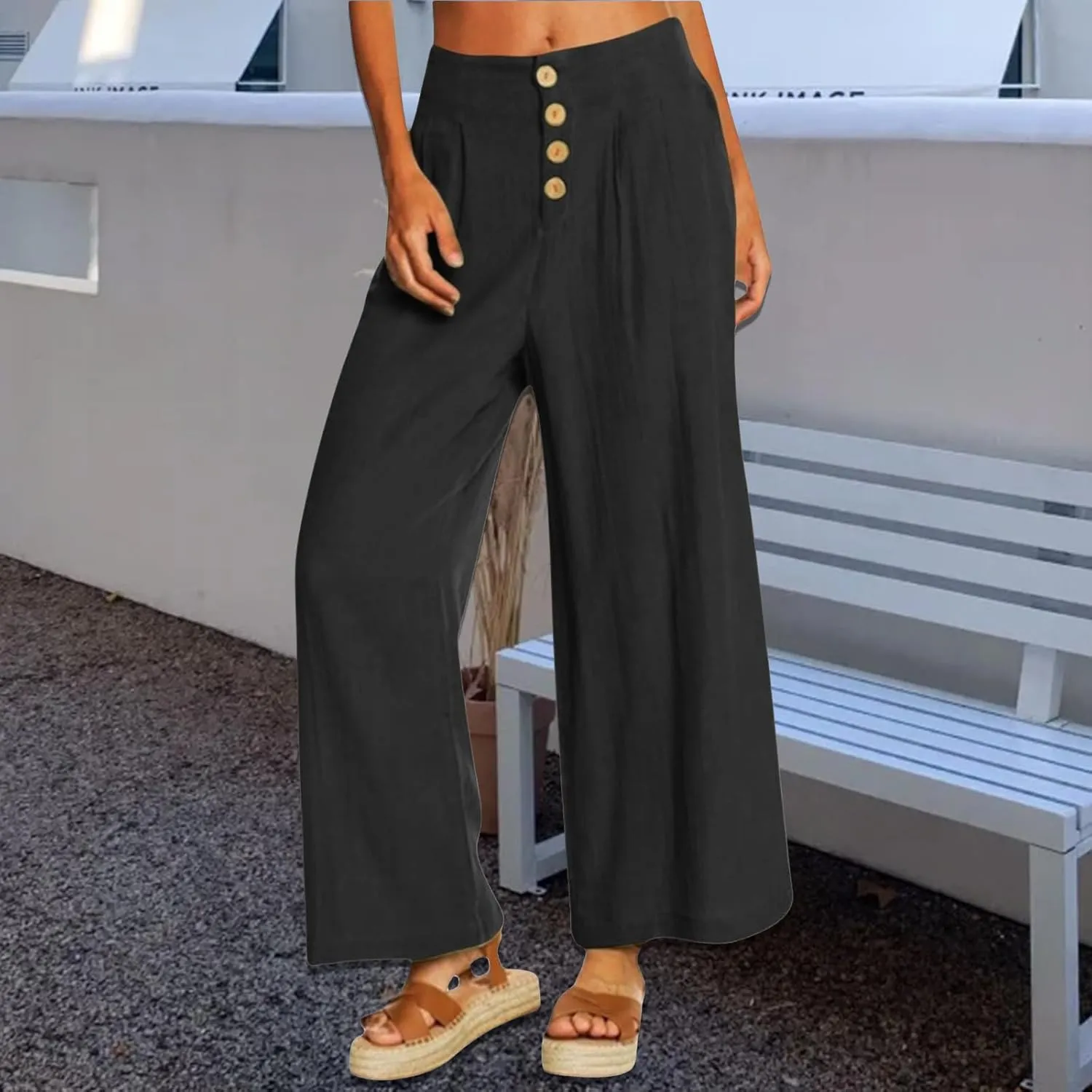 Women's Wide Leg Casual Pants Summer High Waisted Cotton Linen Palazzo Trousers Long Pants with Pocket