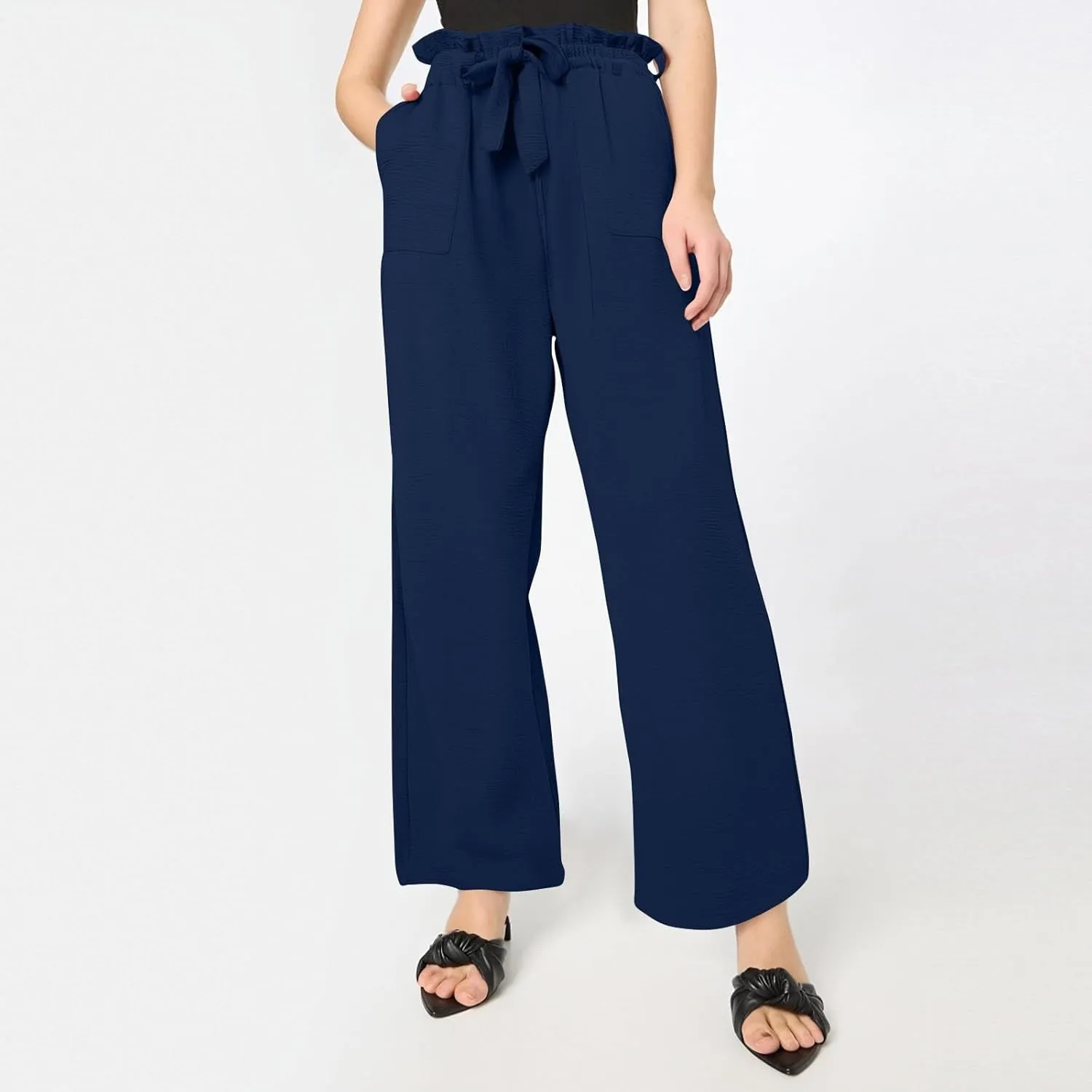 Women's Wide Leg Linen Pants Summer Baggy Business Casual Pants High Waist Adjustable Tie Knot Trousers with Pockets