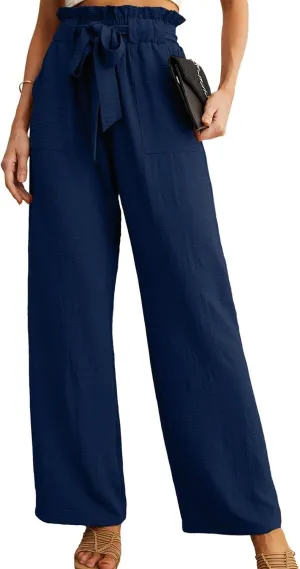 Women's Wide Leg Linen Pants Summer Baggy Business Casual Pants High Waist Adjustable Tie Knot Trousers with Pockets