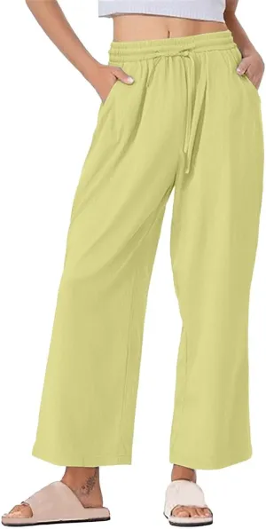 Womens Wide Leg Pants Solid Cotton Linen Drawstring Elastic High Waist Pant Baggy Summer Trousers with Pockets