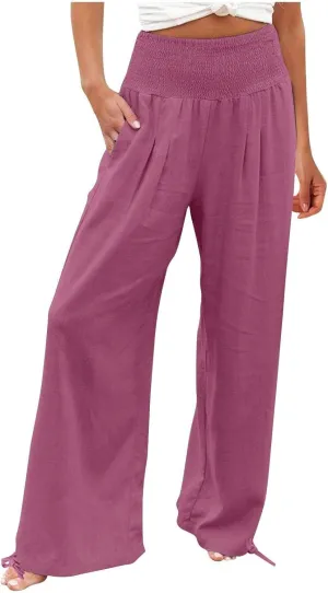 Women's Wide Leg Pants Summer 2025 Pleated Elastic Waist Linen Casual Lounge Pant 2025 Palazzo Trousers Loose Outfits