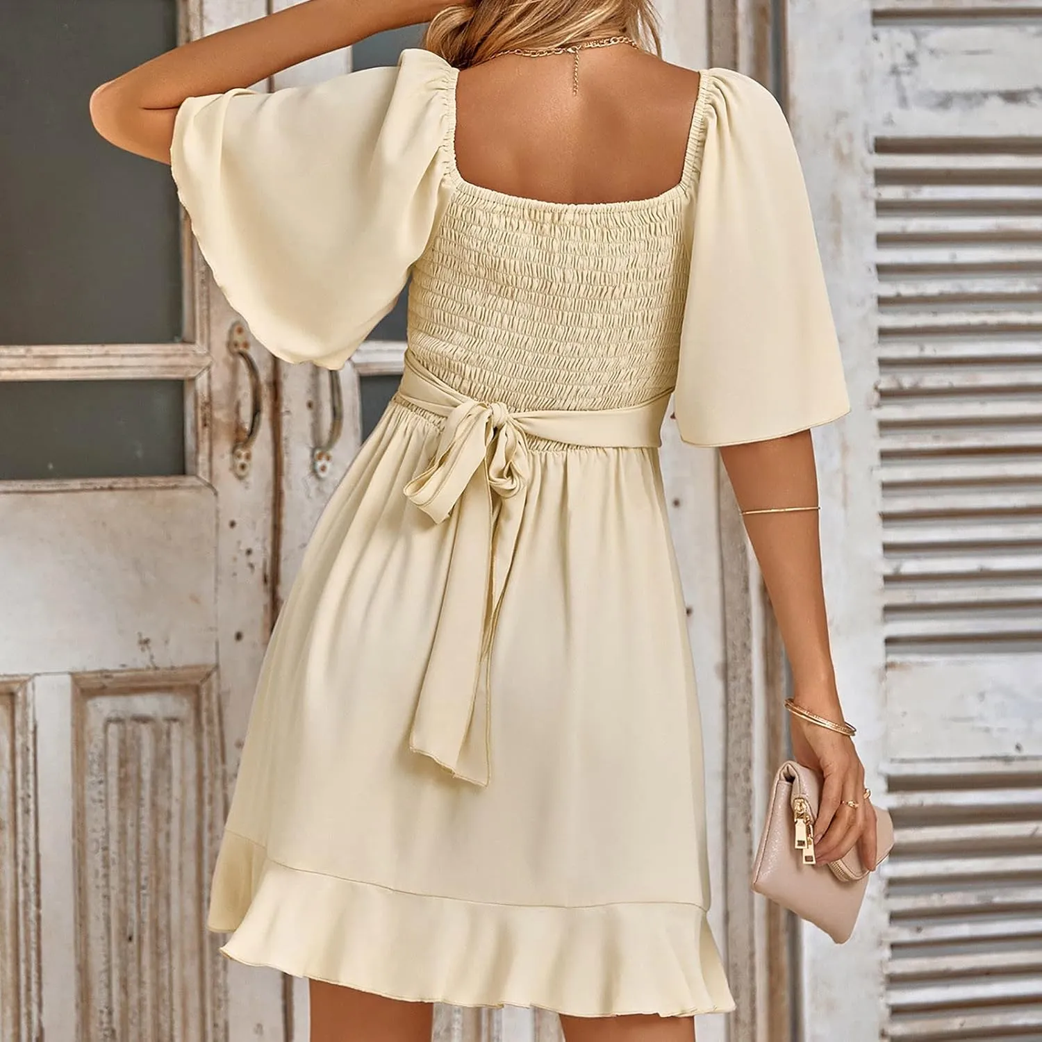 Women's Wrap V Neck Short Flared Sleeve Wedding Guest Dress Smocked Elastic Waist Tiered Belted Ruffle Hem Mini Dresses 2025