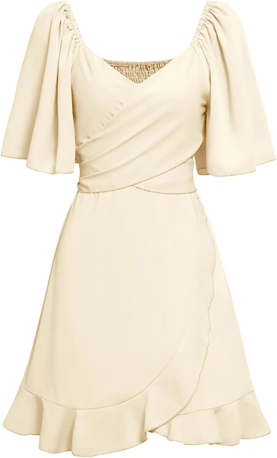 Women's Wrap V Neck Short Flared Sleeve Wedding Guest Dress Smocked Elastic Waist Tiered Belted Ruffle Hem Mini Dresses 2025
