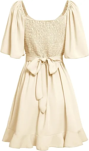Women's Wrap V Neck Short Flared Sleeve Wedding Guest Dress Smocked Elastic Waist Tiered Belted Ruffle Hem Mini Dresses 2025