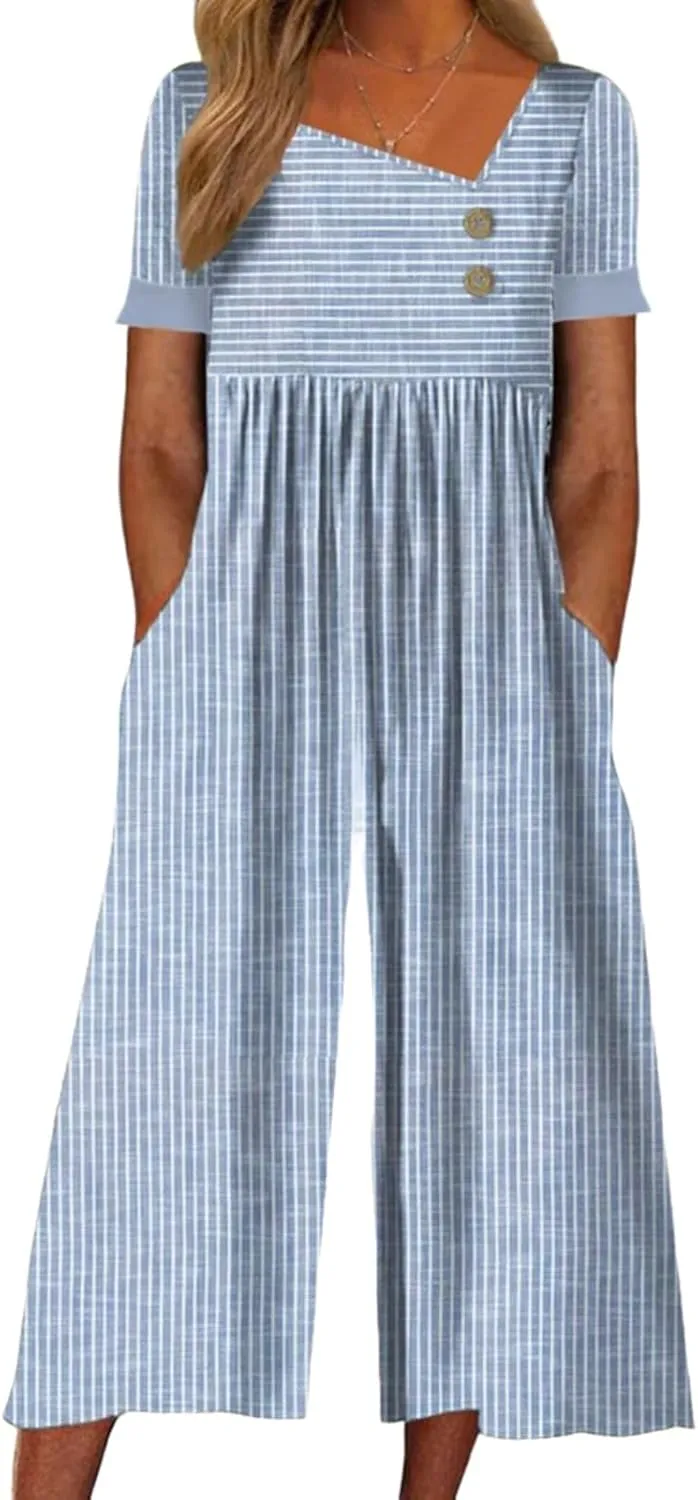 Women's Youthful Jumpsuits 2025 Striped Short Sleeve V-Neck Comfy Vacation Wide Leg Long Pant Rompers With Side Pocket