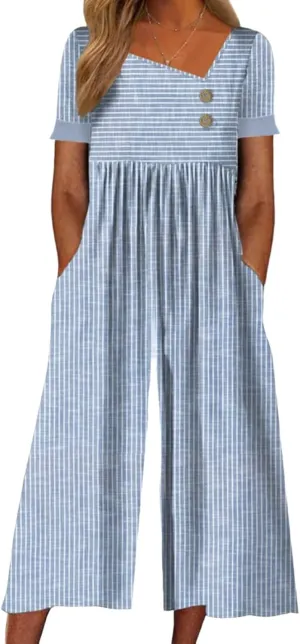 Women's Youthful Jumpsuits 2025 Striped Short Sleeve V-Neck Comfy Vacation Wide Leg Long Pant Rompers With Side Pocket