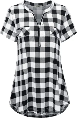 Women's Zip Up V Neck Short Sleeve Casual Tunic Shirt