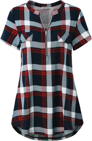 Women's Zip Up V Neck Short Sleeve Casual Tunic Shirt