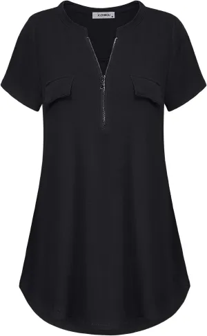 Women's Zip Up V Neck Short Sleeve Casual Tunic Shirt