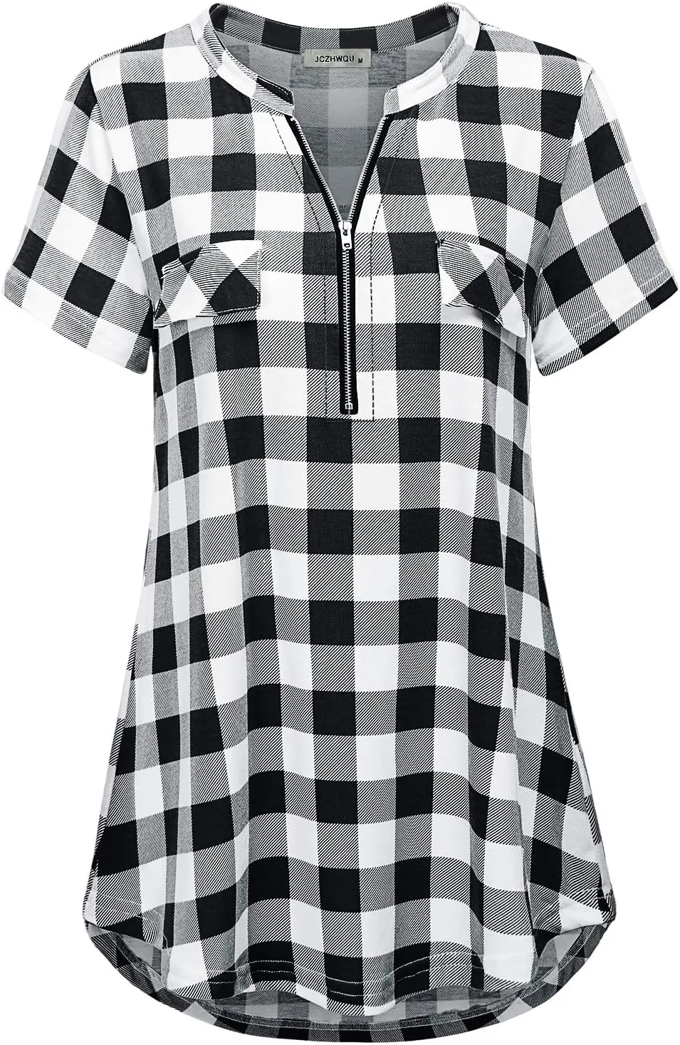 Women's Zip Up V Neck Short Sleeve Casual Tunic Shirt
