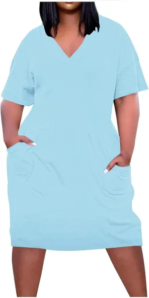 XUNRYAN Summer Womens Tshirt Dresses Plus Size Ladies Midi Dress Short Sleeve Knee Length V-Neck Casual Beach Sundress