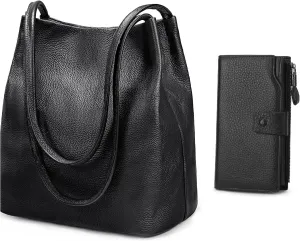 YALUXE Bundle Genuine Leather Wallet and Bucket Style Shoulder Bag for Women