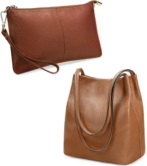 YALUXE Bundle Genuine Leather Wristlet Handbag and Bucket Style Shoulder Bag for Women