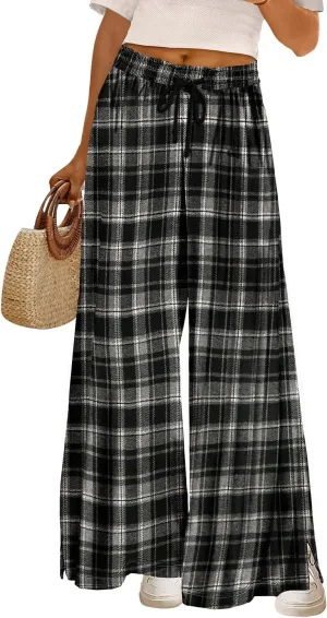 YESNO Women's Wide Leg Woolen Pants Fall Elastic High Waist Casual Palazzo Trousers with Pockets and Side Split PW0