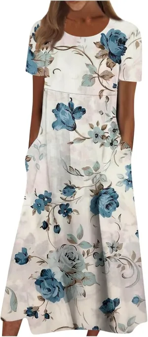 Yesunpxs Summer Dresses for Women Floral Print Loose Maxi Dress Casual Short Sleeves Sundresses Round Neck Beach Dress with