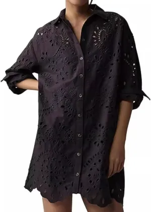 yoeasy Women's Embroidered Hollow Out Button Down Shirt Dress Lapel Ruffle Long Sleeve Mini Dress
