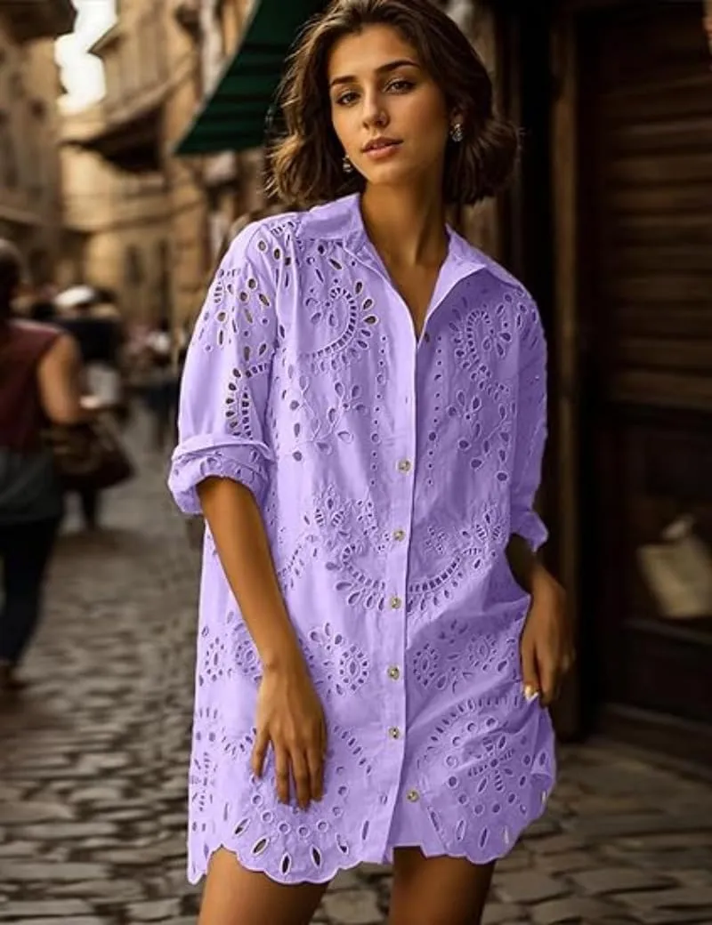 yoeasy Women's Embroidered Hollow Out Button Down Shirt Dress Lapel Ruffle Long Sleeve Mini Dress