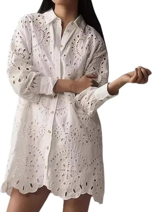 yoeasy Women's Embroidered Hollow Out Button Down Shirt Dress Lapel Ruffle Long Sleeve Mini Dress