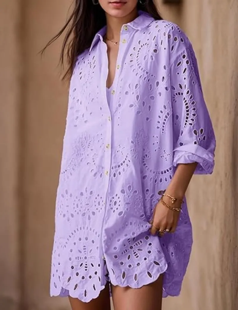 yoeasy Women's Embroidered Hollow Out Button Down Shirt Dress Lapel Ruffle Long Sleeve Mini Dress