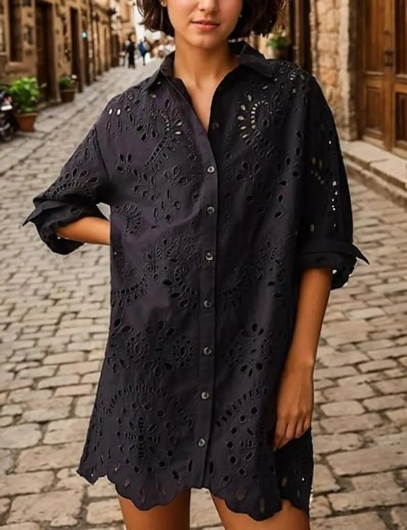 yoeasy Women's Embroidered Hollow Out Button Down Shirt Dress Lapel Ruffle Long Sleeve Mini Dress