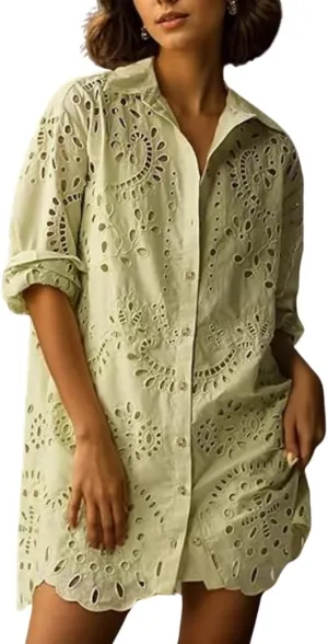 yoeasy Women's Embroidered Hollow Out Button Down Shirt Dress Lapel Ruffle Long Sleeve Mini Dress