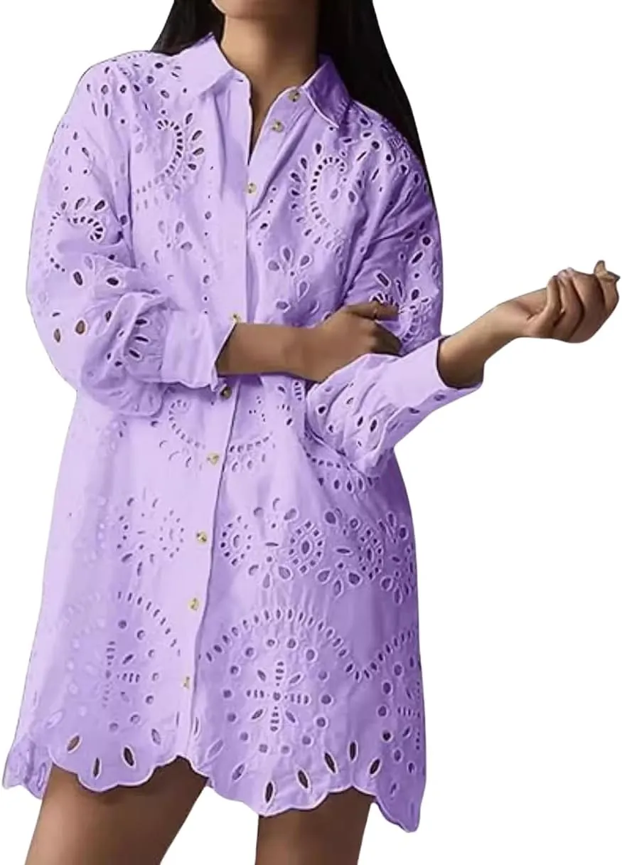 yoeasy Women's Embroidered Hollow Out Button Down Shirt Dress Lapel Ruffle Long Sleeve Mini Dress