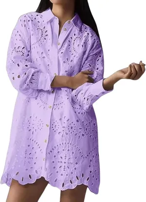 yoeasy Women's Embroidered Hollow Out Button Down Shirt Dress Lapel Ruffle Long Sleeve Mini Dress