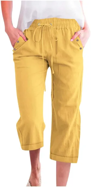 YRAETENM Linen Capri Pants for Women Summer Drawstring Elastic High Waist Cotton Pants Comfy Wide Leg Plus Size Lounge Capris