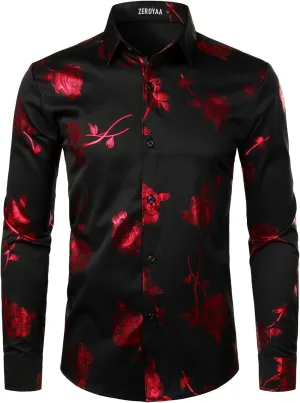 ZEROYAA Mens Hipster 3D Golden Rose Floral Printed Slim Fit Long Sleeve Button Down Dress Shirts
