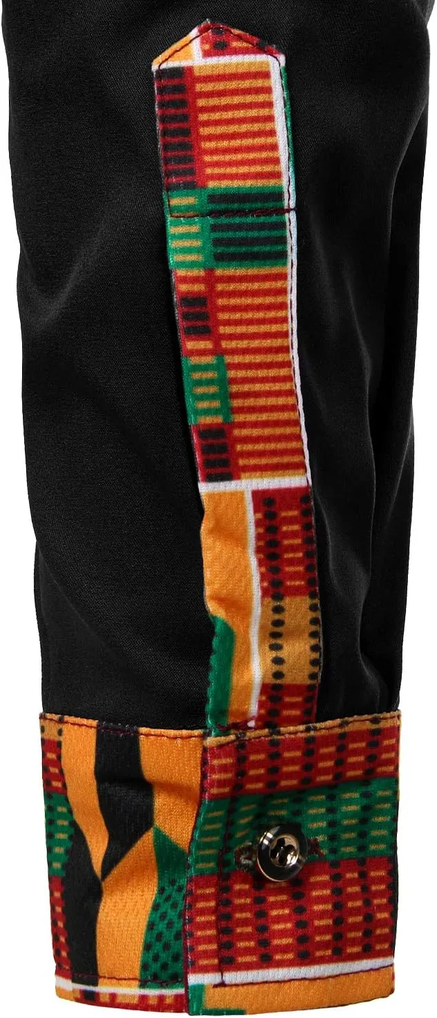 ZEROYAA Men's Hipster African Tribal Graphic Patchwork Design Slim Fit Long Sleeve Button up Mandarin Collar Shirts