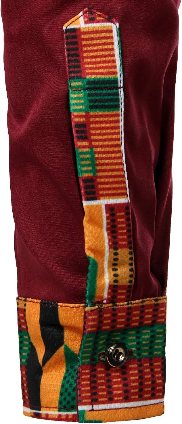 ZEROYAA Men's Hipster African Tribal Graphic Patchwork Design Slim Fit Long Sleeve Button up Mandarin Collar Shirts